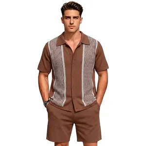 Men's Summer Viscose Jacquard Knit Set Casual Button Down Polo Shirt Top And Bottom Shorts Retro Texture Loungewear Outfit