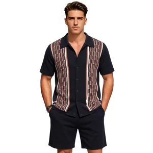 Men's summer knit polo shirt and shorts set with vertical geometric pattern