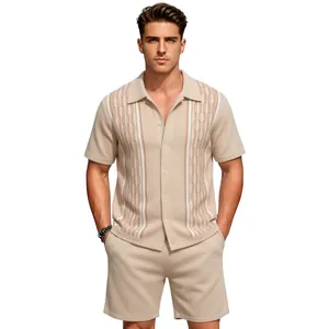 Men's summer jacquard knit two-piece outfit with polo shirt and matching shorts set