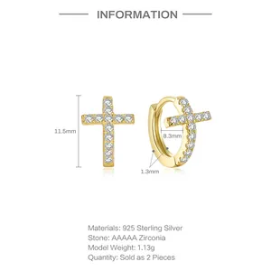 Close-up detail of 925 sterling silver cross hoop earrings with sparkling AAAAA zirconia