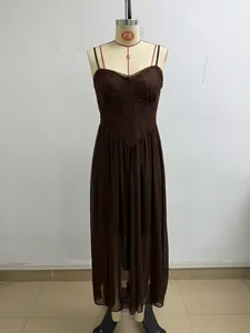 Detailed view of vintage brown lace patchwork V-neck camisole dress on mannequin