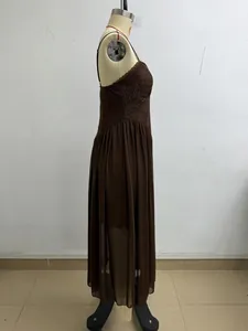 Detailed side view of a retro brown V-neck lace patchwork sleeveless maxi dress