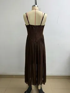 Back view detail of a vintage brown camisole dress with lace bodice and chiffon skirt
