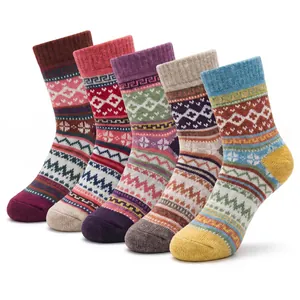 Women Retro Ethnic Style Thick Warm Middle Tube Socks Winter Jacquard Coarse Knit Multicolor Outdoor Casual Socks For Women