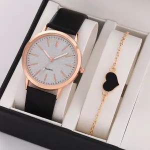 Women Quartz Watch Bracelet Alloy Case PU Leather Strap Glitter Dial Heart Pendant Casual Fashion Accessory