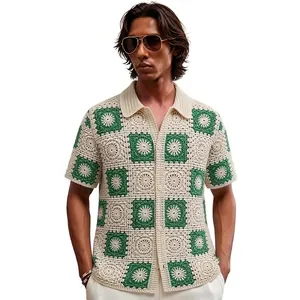 Men Retro Crochet Knit Polo Shirt Hollow Out Plaid Contrast Color Short Sleeve Knitwear Casual Summer Vacation Top