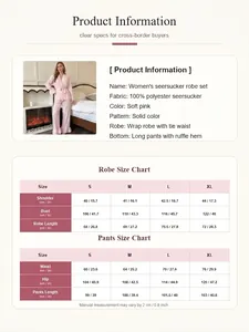 Detaillierte Größentabelle und Produktdaten für das Damen Seersucker-Pyjama-Set in Rosa.