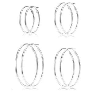Set of four pairs of minimalist silver stainless steel hoop earrings in varying sizes