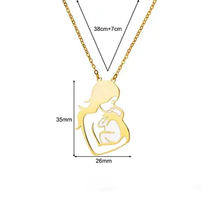 Detailed dimensions of gold mother and child pendant necklace with measurements.