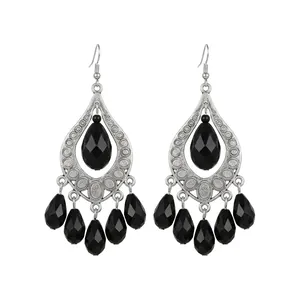 Vintage Palace Style Black Teardrop Tassel Drop Earrings For Women Luxury Silver Color Alloy Acrylic Water Drop Ear Hook Banquet Earrings