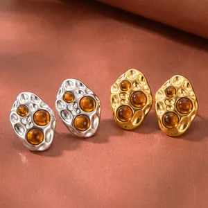 Elegante Vintage-Damenohrstecker aus Edelstahl mit bernsteinfarbenem Tigerauge-Inlay