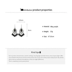 Detailed view of vintage black teardrop tassel earrings with 8cm length and material specs