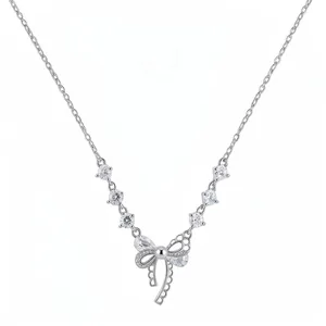 Elegante Schleife Anhänger Halskette Für Damen Kupfer Zirkonia Künstliche Perle Silber Farbe Schlüsselbeinkette Täglicher Modeschmuck