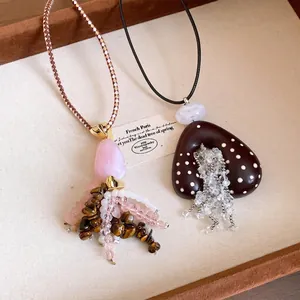 Bohemian Ethno-Stil Acryl Herz Punktmuster Anhänger Halskette Für Damen Retro Lange Pulloverkette Mit Lederschnur Quasten
