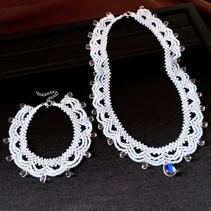 Stainless Steel Glass Beaded Lace Jewelry Set For Women Vintage Palace Style Waterdrop Pendant Necklace Bracelet Set Fashion Elegant Jewelry