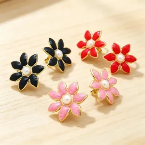 Boucles d'Oreilles Clous Fleur en Émail Vintage Avec Perle Artificielle Acier Inoxydable Style Dopamine pour Femmes Bijoux