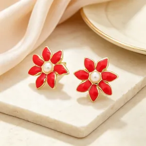Boucles d'oreilles fleurs en émail rouge vintage avec perle en acier inoxydable