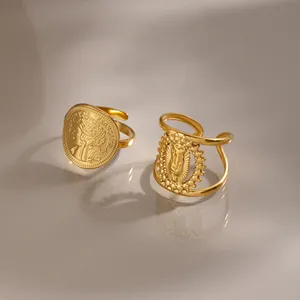 Vintage Römische Münze Jungfrau Maria Offener Ring Für Damen Edelstahl 18K Vergoldet Retro Religiöser Schmuck Verstellbarer Ring