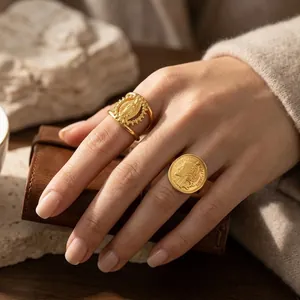 Vintage römische Münze und Jungfrau Maria Ring, 18K vergoldeter Edelstahl für Damen