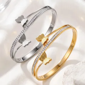 Luxury Stainless Steel Butterfly Bangle For Women Gold Silver Plated Rhinestone Double Layer Bracelet Elegant Jewelry Accessories