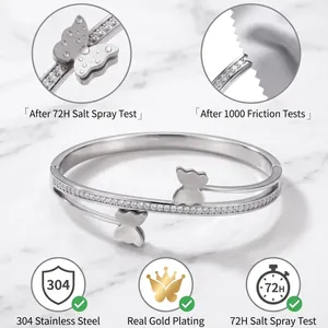 Damen Doppelreihiger Schmetterling Armreif Edelstahl Gold Silber Galvanisiert Strass Eingelegt Mode Schmuck Geschenk