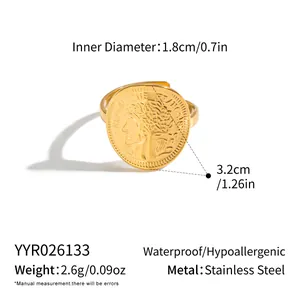 Vintage Goldmünzenring Detail mit Größenangaben und Materialangabe aus Edelstahl.