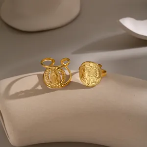 Set aus römischem Münzring und Marienring, Vintage-Stil, 18K vergoldeter Edelstahl.