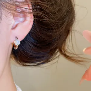Detailed macro view of a sparkling round zirconia hoop earring elegantly worn by a model