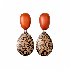 Boucles d'Oreilles Pendantes en Bois Imprimé Floral Fait Main Avec Tige en Argent Style Ethnique Rétro Goutte d'Eau Bijoux Femme