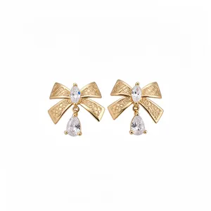 18K Vergulde Strik Oorknopjes Zirconia Ingelegd Hol Gaas Strikje Traanvormige Oorbellen Voor Vrouwen Mode Elegante Sieraden