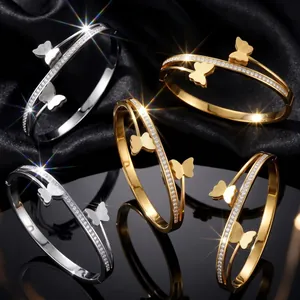 Fashion Stainless Steel Double Layer Butterfly Bangle For Women Rhinestone Inlaid Gold Silver Plated Elegant Hand Jewelry