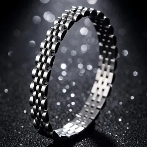 Detailed view of polished titanium steel jubilee link watch chain bracelet