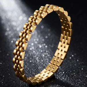 Close-up of a gold-plated stainless steel watch link style bracelet for men and women.