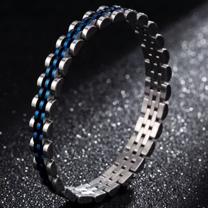 Macro view of two-tone silver and blue titanium steel watch-style link bracelet