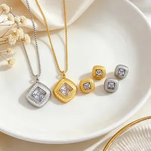 Minimalist Square Rhinestone Stud Earrings Pendant Necklace Set For Women Men Titanium Steel Spiral Texture Geometric Banquet Jewelry