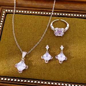 Women's Elegant Copper Zirconia Rhombus Pendant Necklace Earrings Ring Jewelry Set For Wedding Party Banquet Silver Purple Accessories