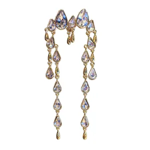 Alloy Rhinestone Water Drop Long Tassel Stud Earrings With 925 Sterling Silver Post For Women Luxury Fashion Elegant Dangling Earring
