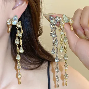Elegant long water drop tassel earrings with sparkling rhinestones for women detail view