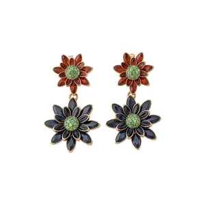 Vintage Palace Style Double Layer Flower Stud Earrings Gold Plated Alloy Rhinestone Crystal Drop Earrings For Women Luxury Jewelry Gift