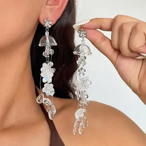 Acrylic Glass Flower Water Drop Tassel Earrings For Women Translucent Long Dangle Earrings With Silver Earring Post Alloy Jewelry