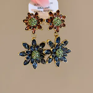 Vintage style double-layered flower drop earrings with colorful rhinestone embellishments