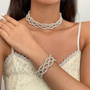 Vintage Mehrschichtig Künstliche Perlenkette Geometrische Halskette Elegante Schlüsselbeinkette Und Armband Für Damen Schmuckzubehör