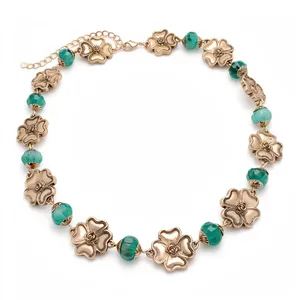 Vintage Legierung Blume Lampenarbeit Glas Laterne Perle Halskette Ohrringe Schmuckset Für Damen Gold Grün Luxus Bankett Zubehör