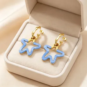 Vue détaillée des boucles d'oreilles en forme d'étoile dorée et bleue dans une boîte