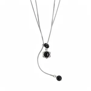 Stainless Steel Stone Beaded Hexagram Pendant Necklace For Women Adjustable Pull-out Clavicle Snake Chain Minimalist Jewelry