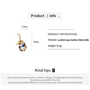 Detailed view of a cute fabric cat pendant necklace with leather rope and dimensions info.
