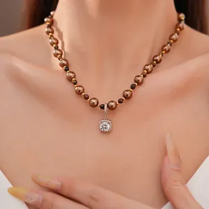 Vintage tiger eye pearl beaded necklace featuring a sparkling square zircon pendant for women