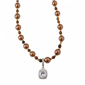 Retro Tijgeroog Steen Kunstparel Kralen Ketting Voor Vrouwen Met Vierkante Zirconia Hanger Luxe Vergulde Sieraden