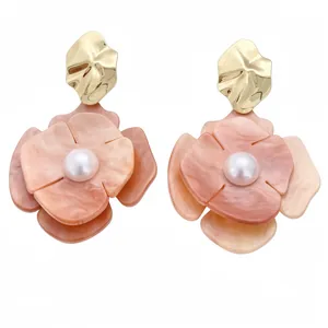 Elegant Pleated Acrylic Flower Stud Earrings For Women With Artificial Pearl And Silver Earring Post Gold Pink Fashion Jewelry