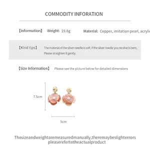 Detail view of pleated acrylic flower earrings with sizing and material info.